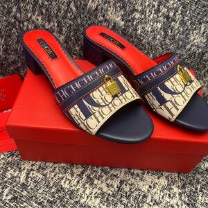 Carolina Herrera Blue and Red CH Logo Mules Sandals Slides